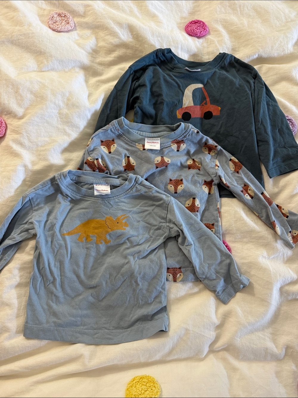 Hanna Andersson Blue Long-Sleeve Tee Trio with Gold Dino, Fox & Car Motifs